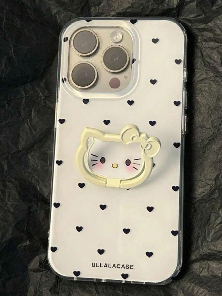 SANRIO 1个黑色爱心和KT猫咪图案简约手机壳，适用于 11-17 Pro Max - 白色 - 查看 1