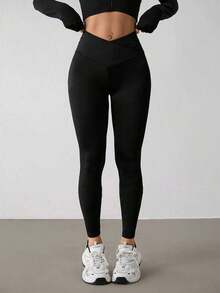 Pantalones ajustados elásticos de cintura en V de color sólido para mujer  PETITE - Gris Claro - Ver 10