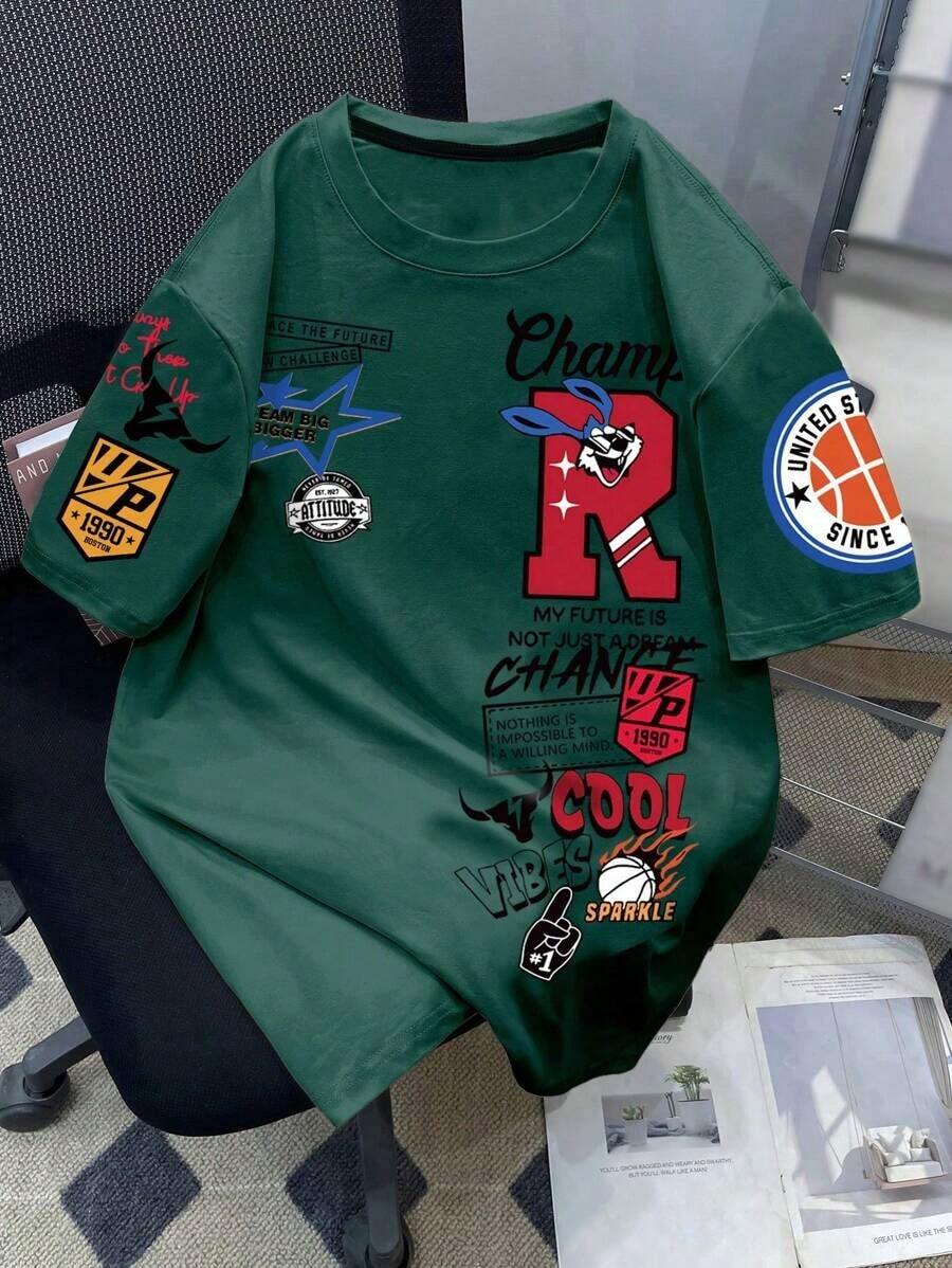 Camiseta de manga corta minimalista de estilo callejero, con corte cropped y oversize, para hombre de talla grande.Diseño moderno y sencillo, apto para uso diario casual.Composición simple pero llamativa, adecuada como regalo para novio u ocas - Verde Oscuro - Ver 1