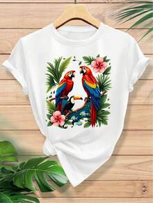 Stylish And Modern Women's T-Shirt Made Of Cotton, Featuring A Tropical Parrot And Giant-Beaked Bird Print. Suitable For Spring, Summer, And Autumn, This Casual Sporty T-Shirt Has Short Sleeves, A Round Neck, And Is Soft And Comfortable. O9EF - (白色) - 查看 1
