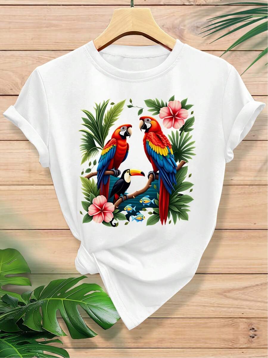 Stylish And Modern Women's T-Shirt Made Of Cotton, Featuring A Tropical Parrot And Giant-Beaked Bird Print. Suitable For Spring, Summer, And Autumn, This Casual Sporty T-Shirt Has Short Sleeves, A Round Neck, And Is Soft And Comfortable. O9EF - (白色) - 查看 1