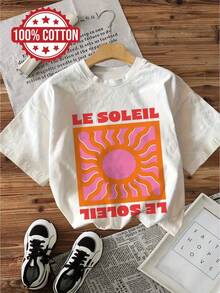 New Summer FashionVintage-Style "LE SOLEIL" Sun Print Short-Sleeve Round-Neck Pure T-Shirtcotton T-Shirt - White - View 6