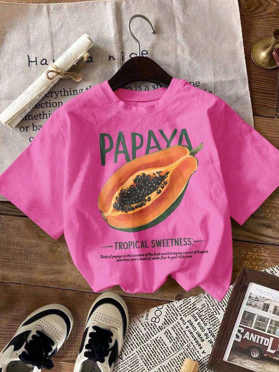 LUNE T-Shirt With A Sweet Tropical Papaya Fruit Aesthetic. Retro T-Shirt From A Local Fruit Farmers Market. - 亮粉色 2 - View 1