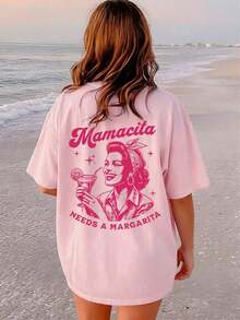 Camiseta de manga corta con cuello redondo y estampado de letras para mujer, estilo casual, versátil para vacaciones y uso diario, estilo urbano, primavera/verano. - Rosa - Ver 5