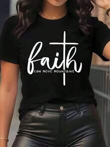 New arrivals for summer.Women T Shirt Faith Can Move Mountains Print Round Neck Casual Daily Wear Soft Comfortable Christmas GiftBlouse,Shirt > Beautiful. - Negro - Ver 12