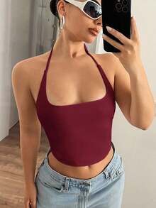 Camiseta de mujer de tirantes con cuello halter de unicolor - Burdeos - Ver 1
