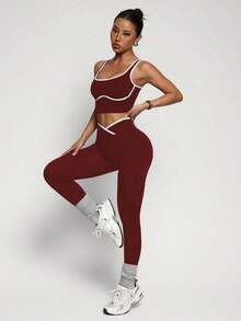 Dewbera Conjunto deportivo de mujer de dos piezas con bloques de color sin costuras, malla de yoga, conjunto de fitness, conjunto de entrenamiento de dos piezas, conjunto activo de dos piezas, conjunto deportivo negro de dos piezas - Burdeos - Ver 3