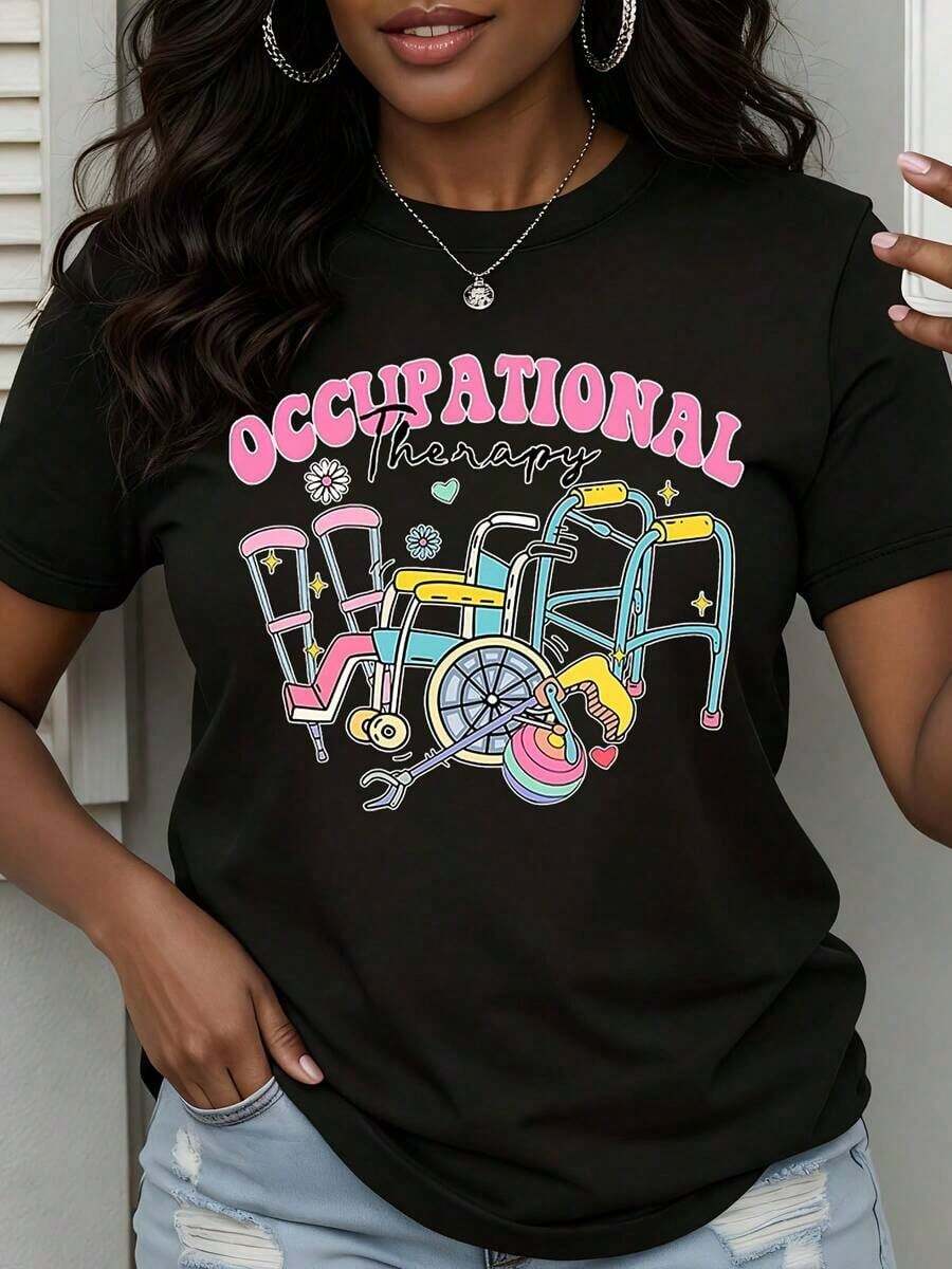 Women's Occupational Therapy T-Shirt With Round Neck And Wheelchair And Crutches Print For Everyday And Work Use - Unisex Urban Vintage Style, Loose Fit, Cotton, Short Sleeve And Round Neck. - 黑色 - 查看 1