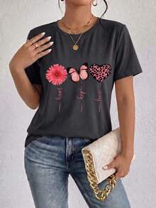 Camiseta casual de manga corta para mujer, suave al tacto, con diseño de mariposa rosa y estampado floral "Hope Love", cómoda camiseta de cuello redondo. - Gris oscuro - Ver 2