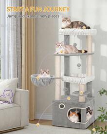 HEXCELEN 151cm Cat Tree, Multi-Level Corner Cat Tower For Indoor Cats, 3 Large Soft Platforms, 6 Sisal Scratching Posts, Large Cave, Basket, Pompoms - Light Grey - View 1