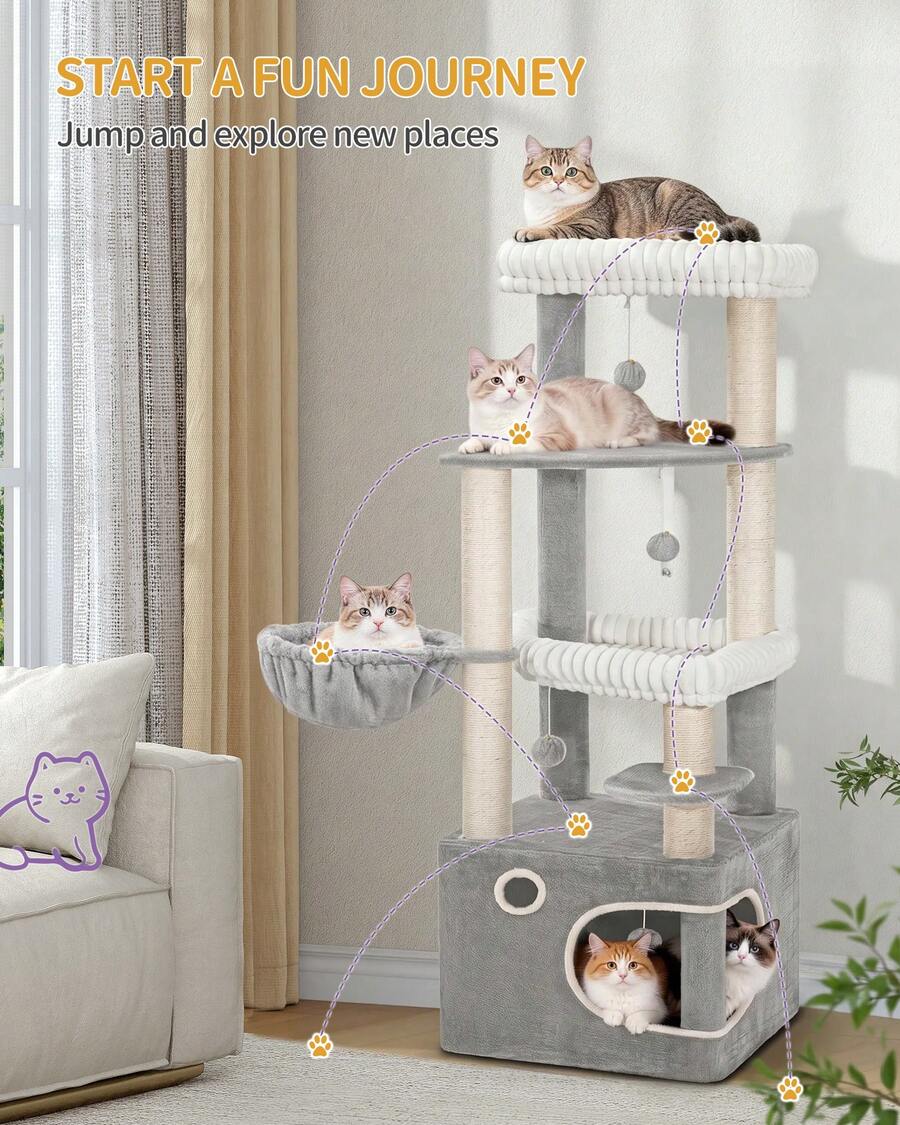 HEXCELEN 151cm Cat Tree, Multi-Level Corner Cat Tower For Indoor Cats, 3 Large Soft Platforms, 6 Sisal Scratching Posts, Large Cave, Basket, Pompoms - Light Grey - View 1