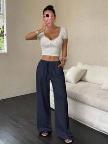 [Free Shipping]Women's Casual Plain Slant Pockets Textured Long Pants Fall Cloth For Women - Navy Blue - View 7