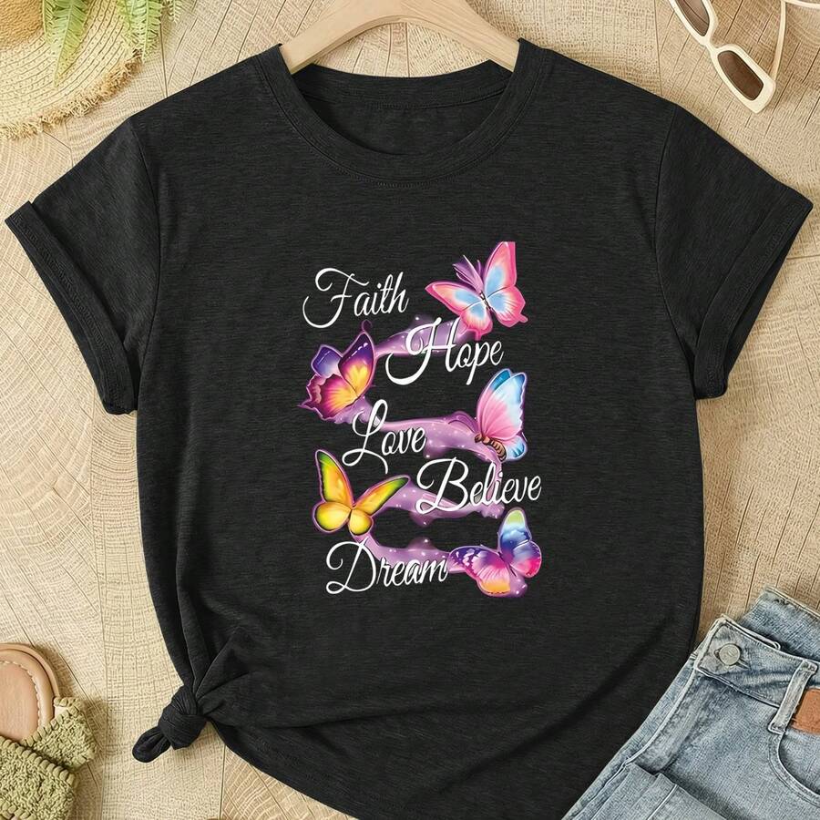 Women's Summer Short Sleeve T-Shirt, European And American Style, With Faith, Hope, Love And Belief Print, Elegant Butterfly Design, Stylish Urban Clothing For All Occasions, Casual And Loose Fit Sports Top - 黑色 - 查看 1