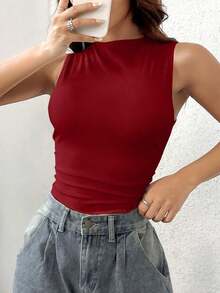 Body sin mangas de unicolor minimalista y de moda para mujer, de verano - Rojo - Ver 3