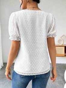 Blusa de escote en V con jacquard, blusas de manga corta - Blanco - Ver 2