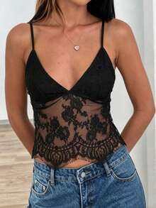 Women's Summer Top, Sexy Black Spaghetti Strap Tank Top With Lace Patchwork, Cropped Fitted Backless Camisole, Fashionable Streetwear Casual Vacation Sexy Tank, Suitable For 's Day, June Festival, Dates, Gatherings, Parties, Travel, Vacation, Beach And Other Occasions, Summer Outfit, Top - Black - View 8
