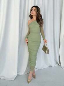 elegante y ceñido de manga larga y longitud media, con diseño de pliegues en malla, para usar en citas o fiestas, para mujer, otoñal - verde menta - Ver 7