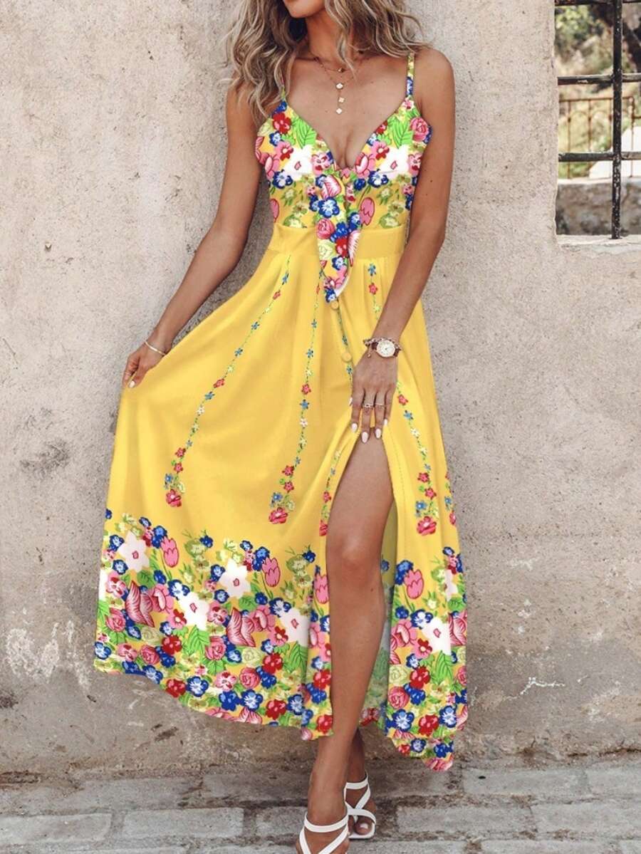 Women's White Dress With Black Tropical Leaf Print, V-Neck With Ruffles, High Leg Cut With Slit, Thin Straps, Lightweight Fabric Ideal For Beach, Summer Vacation And Pool Parties, Boho Chic And Sexy Style - 彩色 - 查看 1