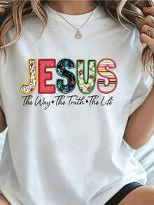 Women's Casual Crew Neck T-Shirt With Colorful Letter Print - "Jesus The Way The Truth The Life" Design, Short Sleeve, Regular Length, Soft Fabric, All-Season Comfort, Ladies' T-Shirts, Women's Clothing - 白色 - 查看 1