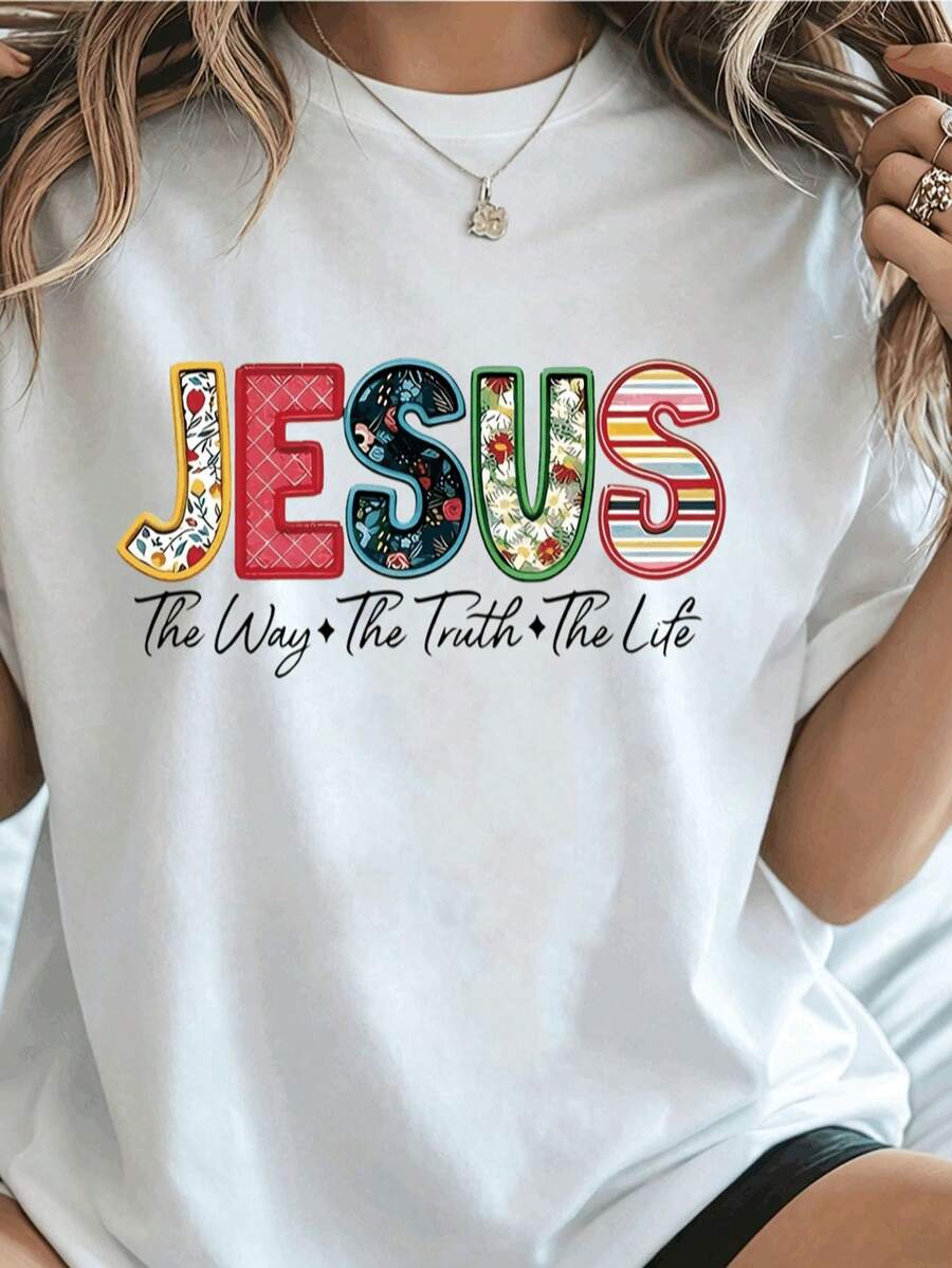 Women's Casual Crew Neck T-Shirt With Colorful Letter Print - "Jesus The Way The Truth The Life" Design, Short Sleeve, Regular Length, Soft Fabric, All-Season Comfort, Ladies' T-Shirts, Women's Clothing - 白色 - 查看 1
