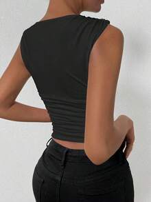 Camiseta de tirantes ajustada con cuello de tripulación y pliegues de unicolor de verano para mujer - Negro - Ver 2