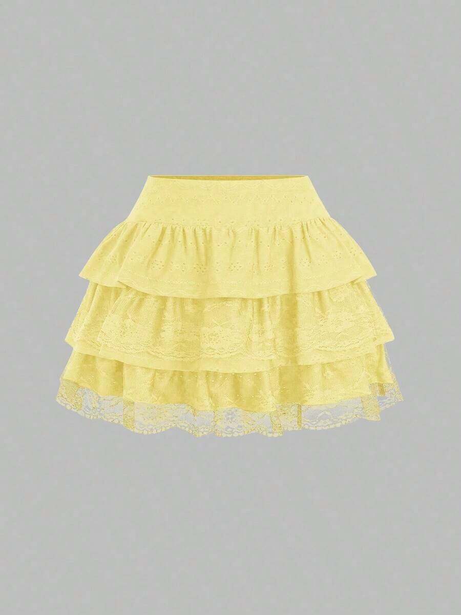 Falda con volantes en capas estilo A con tela texturizada negra y encaje en contraste, estilo evasé y estilizador, inspirado en la década 2000 - amarillo ganso - Ver 1