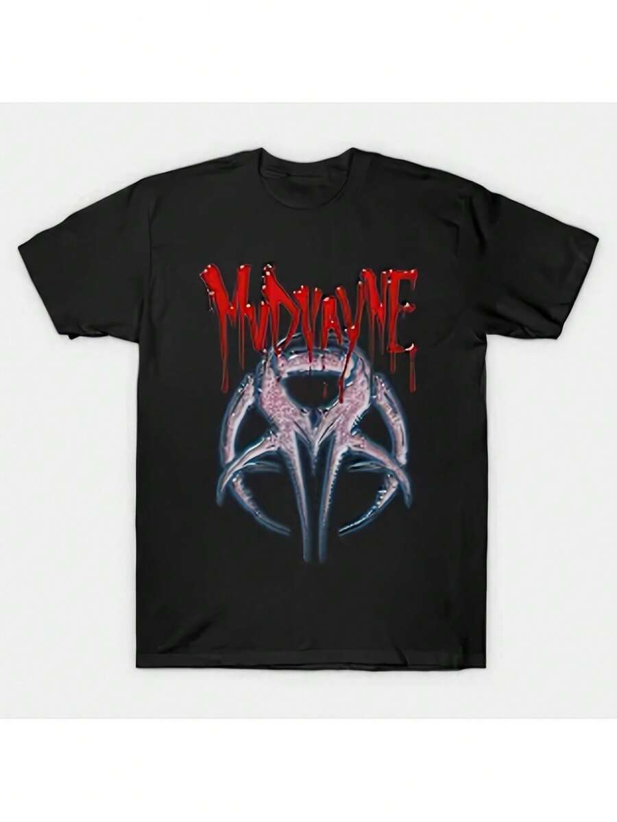Mudvayne Band T-Shirt - Black With Red And Blue Graphic Print, Loose Fit, Casual Crew Neck, All-Season Comfort, Music Fan Apparel, Bold Graphic Tee With Comfortable Fit. With A Crisp, Streamlined Cut, This Garment Creates A Clean And Vibrant Look When Worn. Its Relaxed Yet Flattering Silhouette Suits All Body Types, Offering A Style That Is Both Casual And With A Touch Of Elegance. - 黑色 - 查看 1