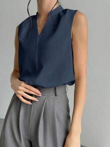 Blusa de cuello en V elegante y chic para oficina con diseño simple y detalles femeninos, blusas sin mangas - Azul marino 2 - Ver 5