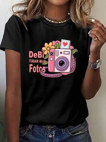 I Should Have Taken More Photos Printed T-Shirt, Short Sleeve Round Neck Casual Top For Summer And Spring, Women's Clothing - 黑色 - 查看 1