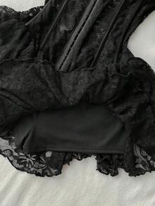 Vestido mini asimétrico de mujer con corsé de encaje y estilo vintage, adecuado para Y2K - Negro - Ver 10