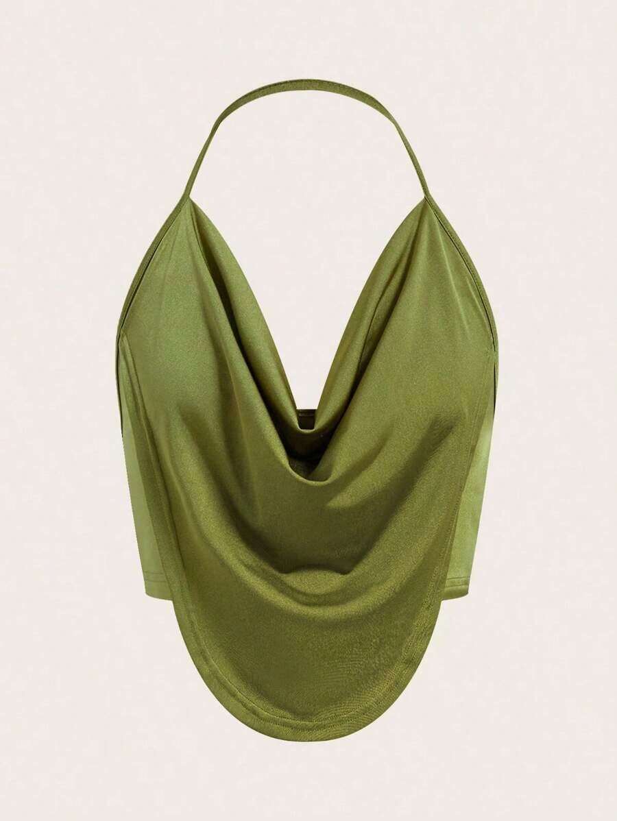 Top de cuello halter para fiesta sin espalda con fornteras drapeadas y diseño sólido - Verde - Ver 1