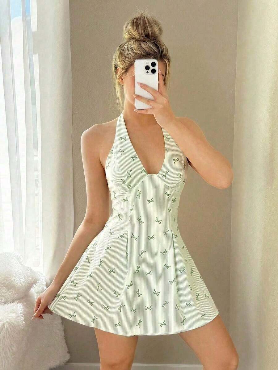 Vestido mini halter con cintura ajustada y estampado de mariposas - Verde - Ver 1
