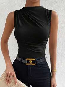 Blusa casual versátil con cuello alto y plisados para mujer - Negro - Ver 6