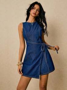Nuevo overol y mono de mezclilla para mujer con cordón anudado en la cintura lateral, sin mangas, mono de otoño color azul oscuro, elegante ropa francesa para salir en una cita - Azul lavado medio - Ver 3