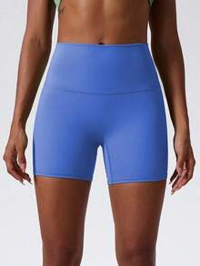 1 pieza Pantalones cortos de yoga elásticos de color nude, adecuados para correr, fitness, ciclismo y otros deportes, pantalones cortos ajustados transpirables y de secado rápido para mujeres en color negro - Azul - Ver 3