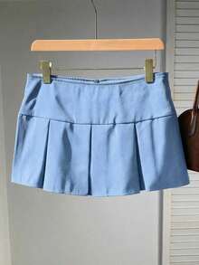 Falda plisada con detalle de cintura ancha y pliegues para el verano - Azul - Ver 3