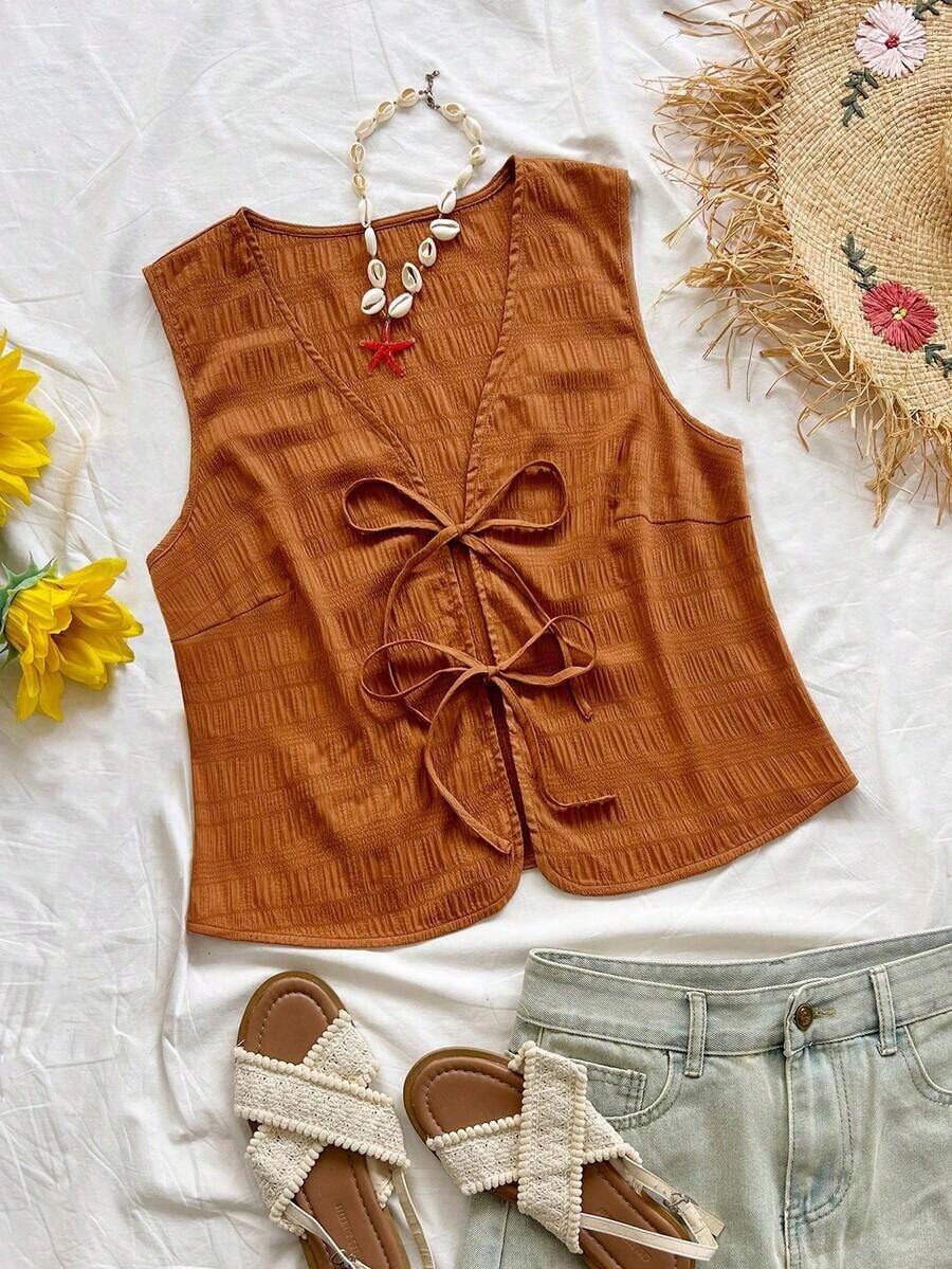 Parte superior de tirantes roja con textura tropical, elegante y bohemia, con lazo adjunto, para invitada a boda en la playa, graduación, día de San Patricio, vacaciones de primavera, festival de música, salida, verano - Café integral - Ver 1