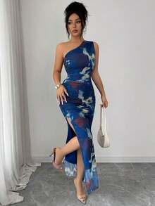 Vestido de noche de lujo para mujer, vestido sexy sin mangas con cuello asimétrico y estampado de teñido anudado - lago azul - Ver 6