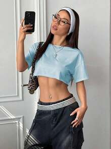 Top corto asimétrico de mujer con cuello blanco y flecos, camiseta de manga corta de moda versátil Y2K oversize y sexy, para primavera/verano - Azul - Ver 6