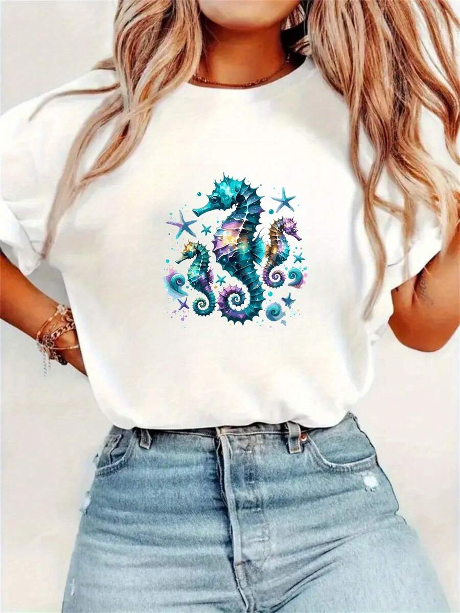 Women's Cotton T-Shirts, Round Neck, Casual Style, 1 Piece, Style Y2k, Rainbow Design, Seahorse, Starfish, Seashell, Summer T-Shirt, Printed Pattern, Short Sleeve, Birthday Gift, Simple T-Shirt For Daily Wear. - 白色 - 查看 1