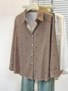 Blusa de mujer con cuello polo, estampado de corazones y rayas - Camisa casual de manga larga con botones, adecuada para uso diario en primavera, verano y otoño - Café integral - Ver 3