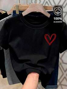 Women's T-Shirt With Heart Print And Round Neck - 黑色印花紅色 - 查看 6