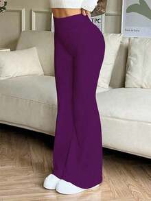 Pantalones acampanados de cintura alta elástica, pantalones de yoga deportivos, leggings ajustados de compresión, pantalones para correr y fitness, pantalones de ropa deportiva para mujer, transpirables y de secado rápido, para primavera/verano - Púrpura malva - Ver 4