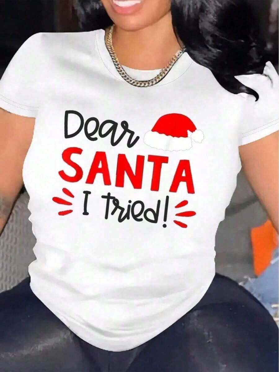 Women's Casual Christmas T-Shirt, Short Sleeve, 1 Piece, 100% Heavy Cotton - Comfortable Round Neck, Soft And Adorable Loose And Comfortable T-Shirts - 白色的 - 查看 1
