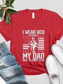 100% Cotton Shirt "I Wear Red Fridays For My Dad", Support Our Troops, Personalized Military Mom Family Shirt Red Flag Fridays, Reminds All Deployed Shirt2026tops Women's Summer - 紅色的 - 查看 1