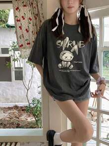 Women's Short-Sleeved T-Shirt, Rabbit Print Design, Round Neck, Casual, Versatile, For Young Girls, Black Color, Spring/Summer. - Dark Grey - View 2