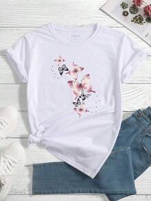 Women's Butterfly Print Graphic Tees - White - View 1