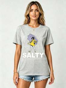 1 Piece Women's Loose-Fitting, Short-Sleeved T-Shirt With A Fun Text Print. Made From 100% Pure Cotton, It's Soft Against The Skin. A Simple Street-Style T-Shirt Perfect For Summer, Work, Or Casual Dates. - 淺灰色 - 查看 1