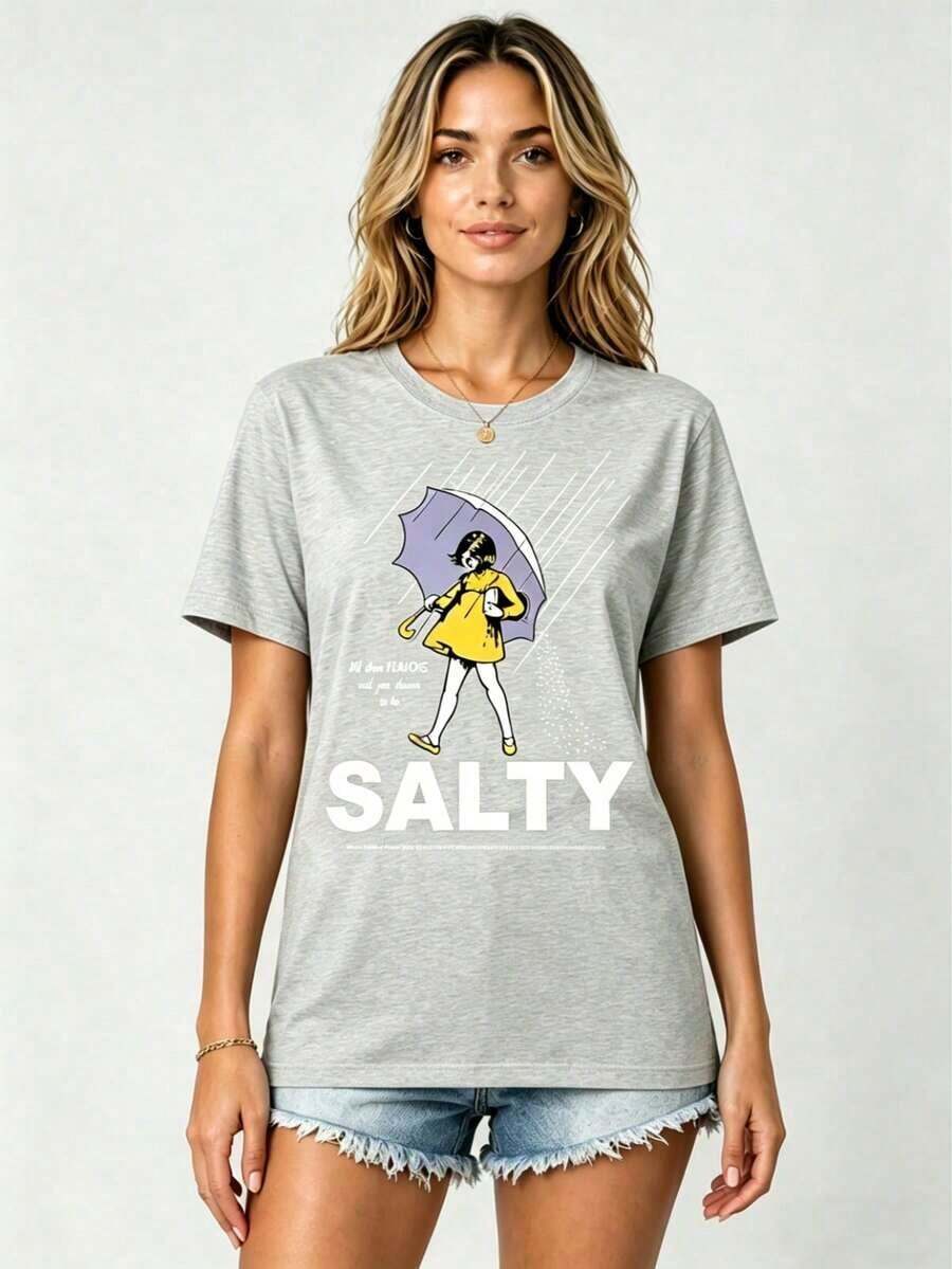 1 Piece Women's Loose-Fitting, Short-Sleeved T-Shirt With A Fun Text Print. Made From 100% Pure Cotton, It's Soft Against The Skin. A Simple Street-Style T-Shirt Perfect For Summer, Work, Or Casual Dates. - 淺灰色 - 查看 1