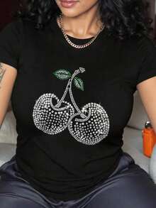 Cherry, Strawberry, Lemon 1 Glitter Casual Sweet Party Elegant None Beach Holiday Sporty Office Home Comfortable Cherry Print Crew Neck T-Shirt, With Party And Holiday Atmosphere, Black Blouses For Women, For Spring/Summer - 黑色 - Black07 - 查看 8
